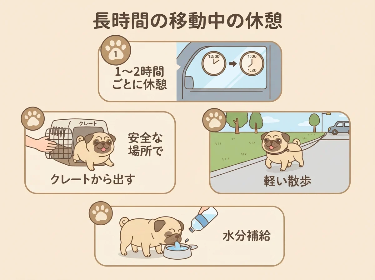 長距離移動中に1〜2時間ごとに休憩を挟む様子を示した図解