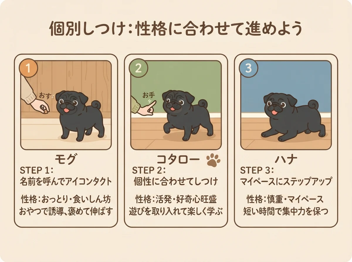 多頭飼いで1頭ずつ個別にしつけを行う様子を示した図解