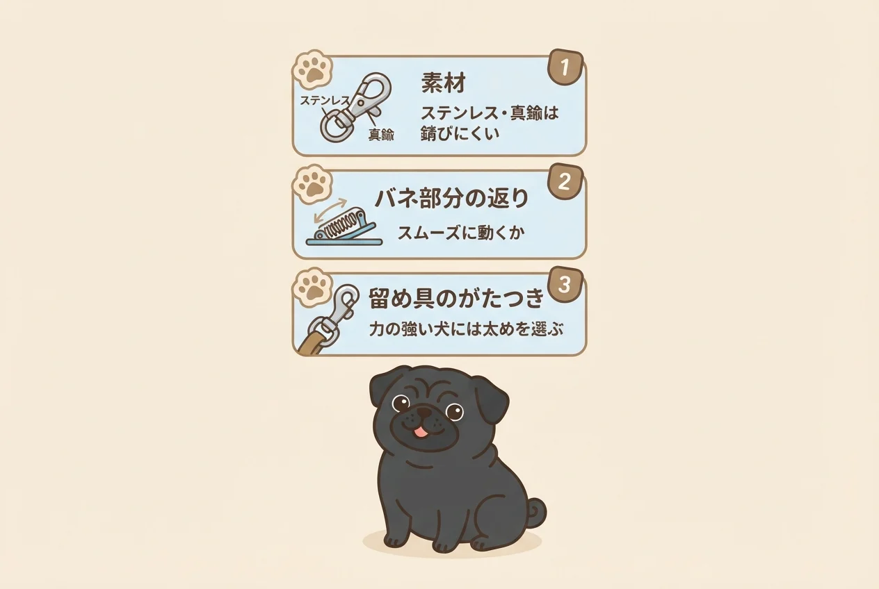 リードの金具(ナスカン)の耐久性をチェックする3つのポイント(素材・バネの返り・留め具のがたつき)を示した図解