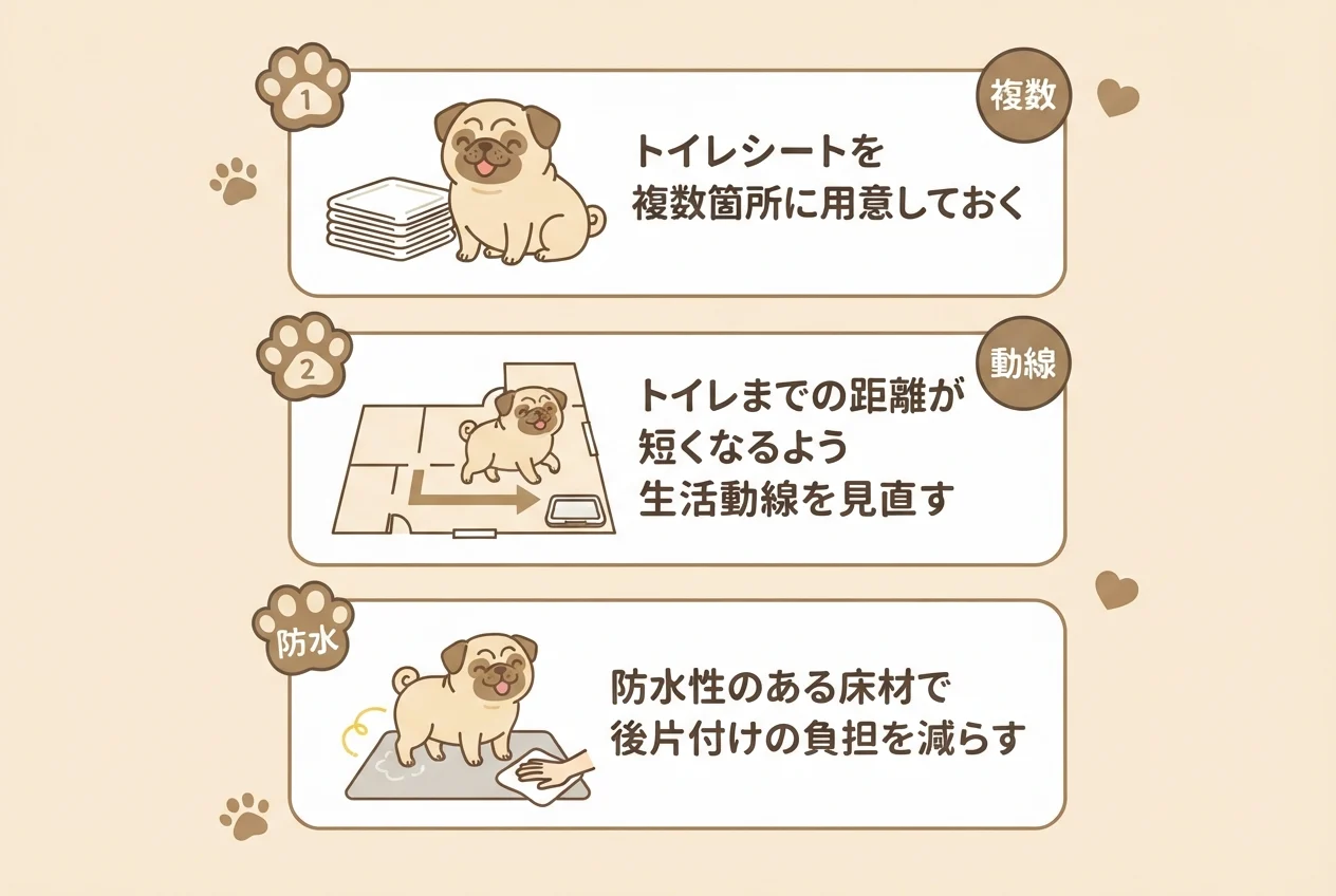 シニア期のパグのトイレ環境を見直す3つの工夫を示した図解