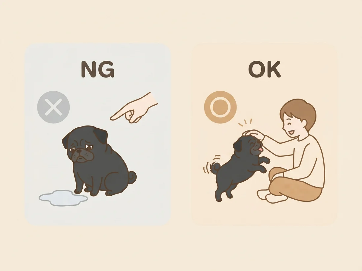 初日からのトイレのしつけで意識したい、褒めて伝える関わり方を示した比較図解