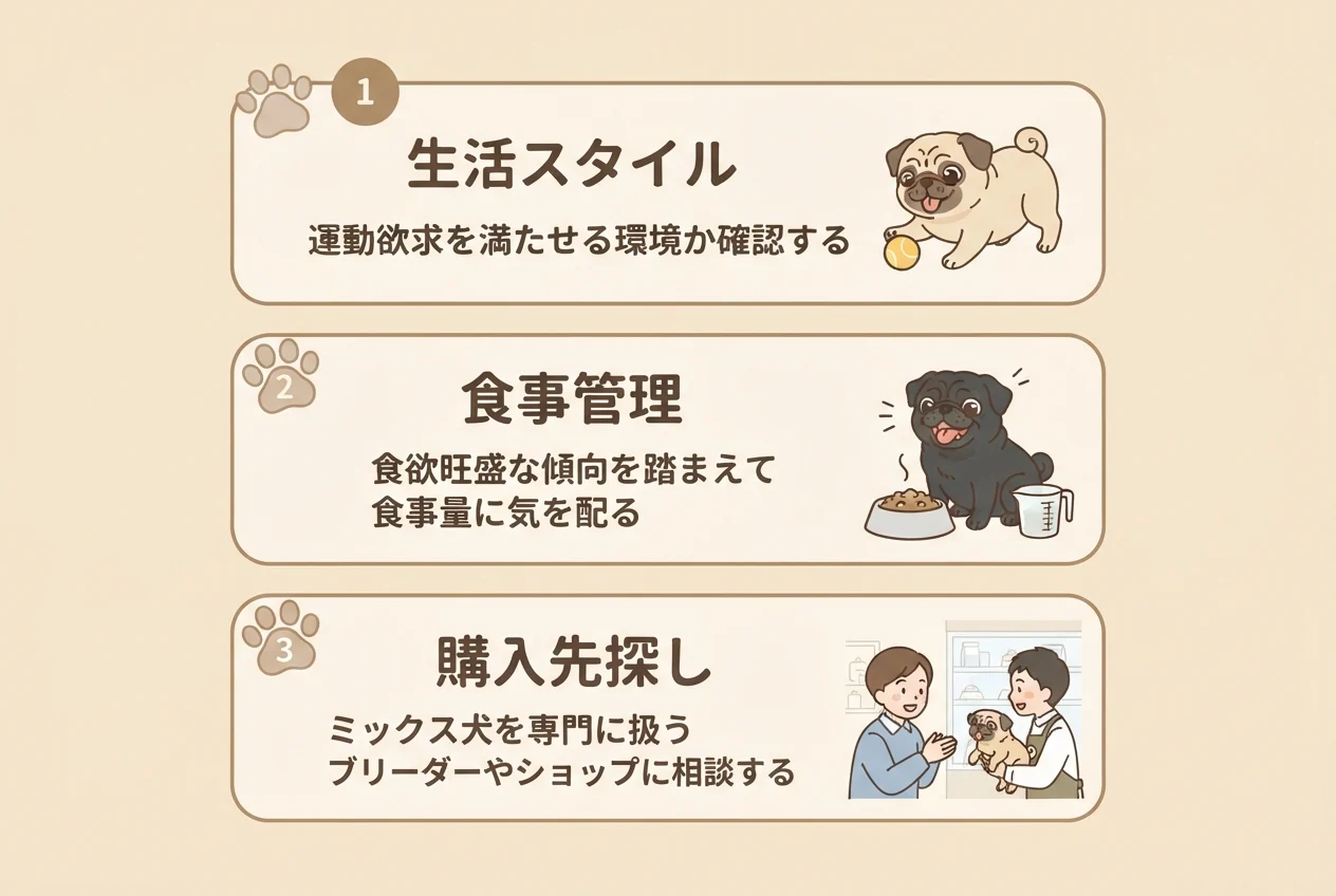 パグのミックス犬を迎える前に確認したい3つのポイント(生活スタイル・食事管理・購入先)を示した図解