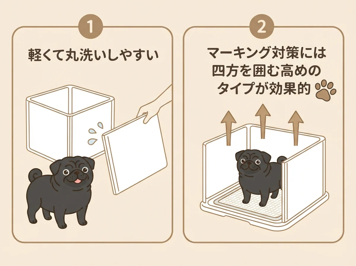 パグのトイレ囲いを選ぶときのポイント（高さ・素材）を示した図解