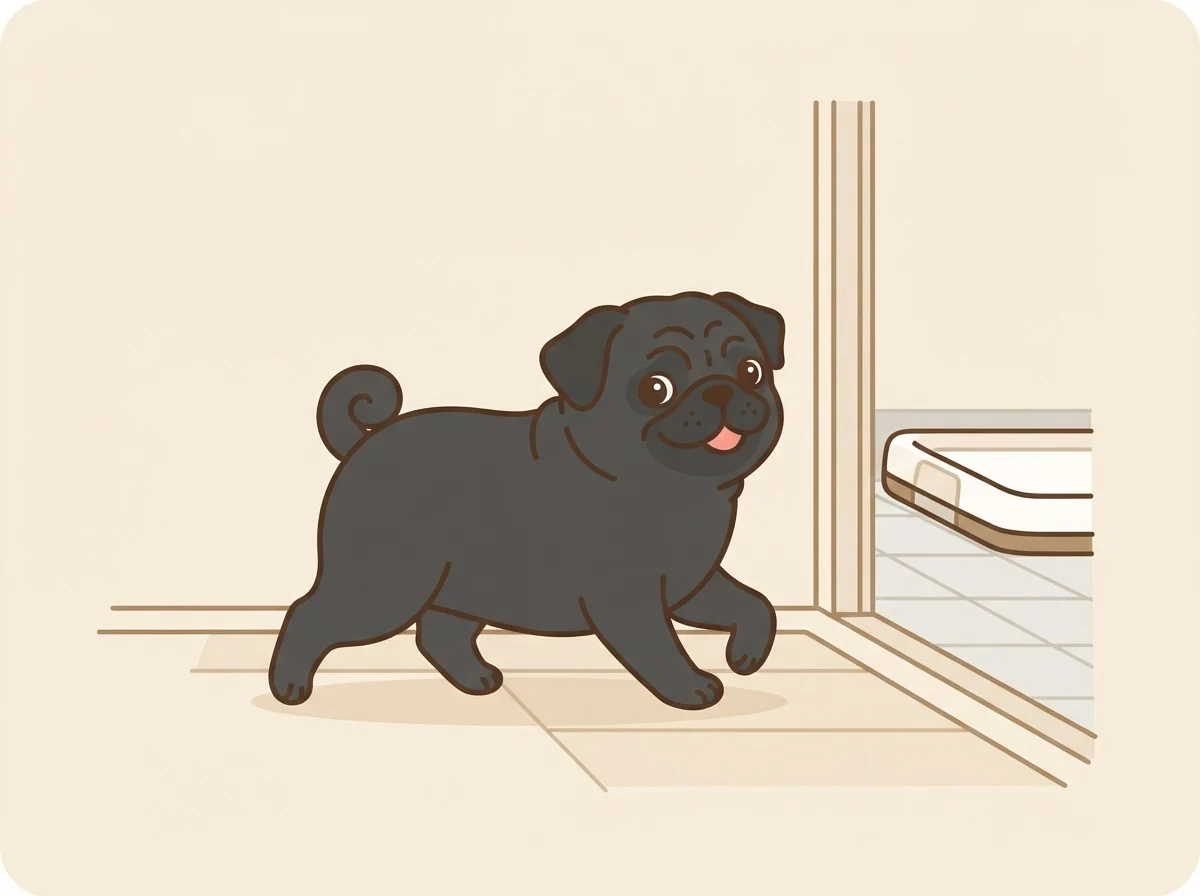 トイレの習慣が身につき、軽やかな足取りでトイレに向かうパグのイラスト