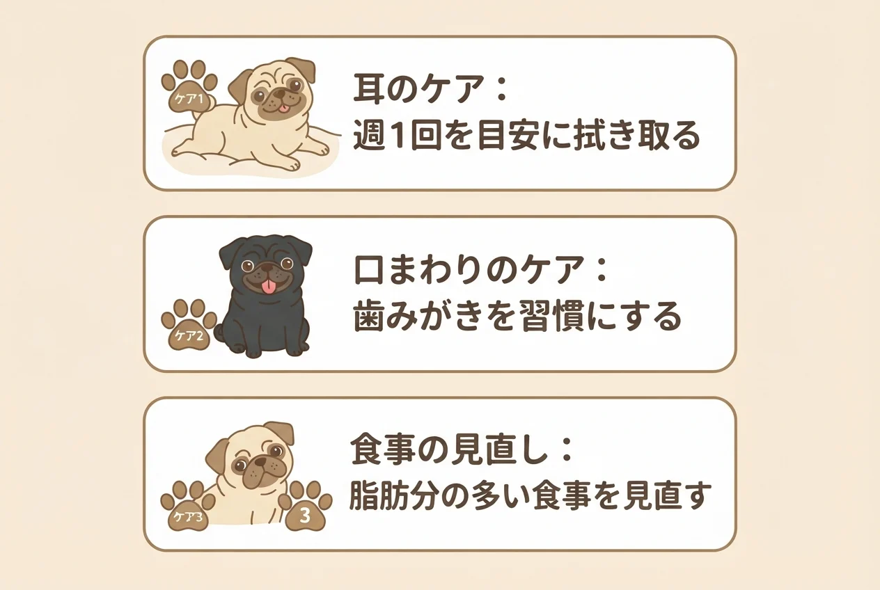 パグ臭対策で気をつけたい3つのポイント(耳・口まわり・食事)を示した図解