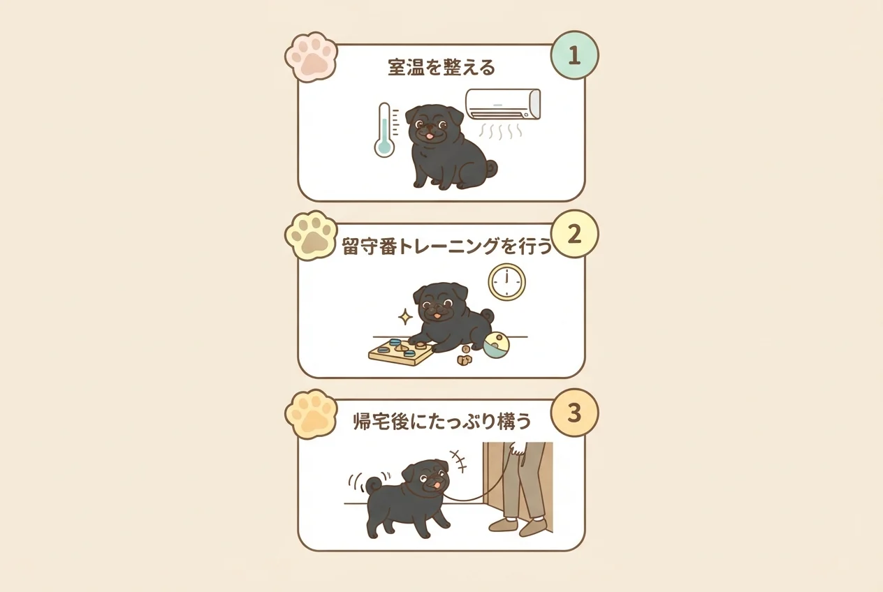 留守番を無理なくこなすための3つの工夫(室温管理・留守番トレーニング・帰宅後のスキンシップ)
