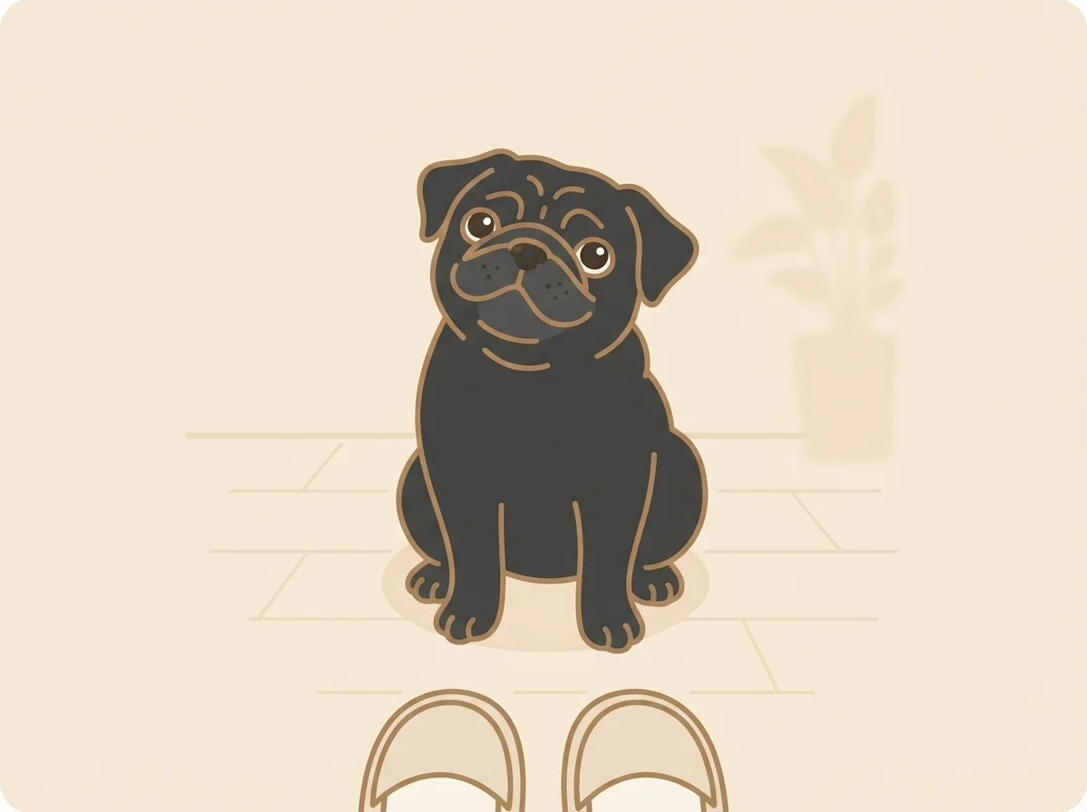 生後6〜8ヶ月ごろの大人に近づいたパグがおすわりして飼い主を見上げている様子です。
