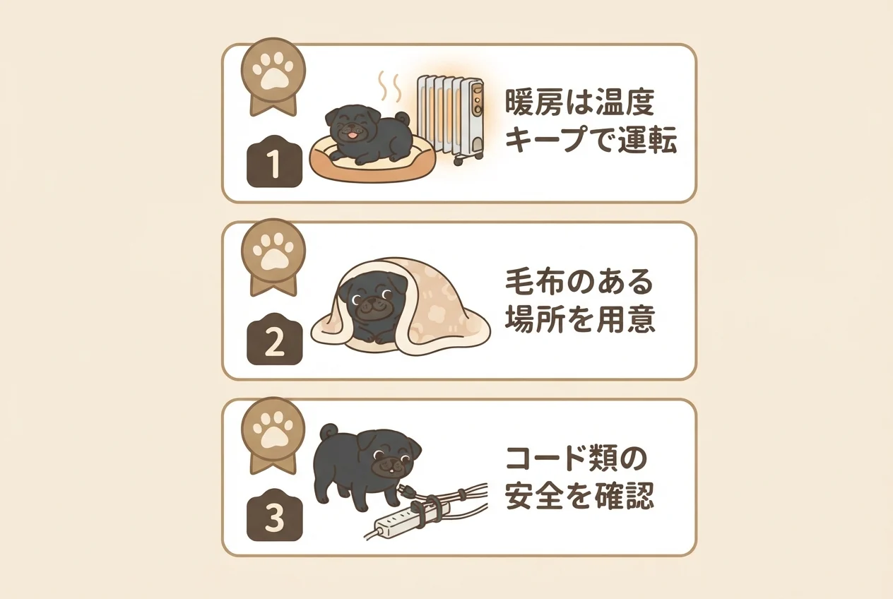 冬にパグを留守番させる前に確認したい3つのポイントをまとめた図解です。