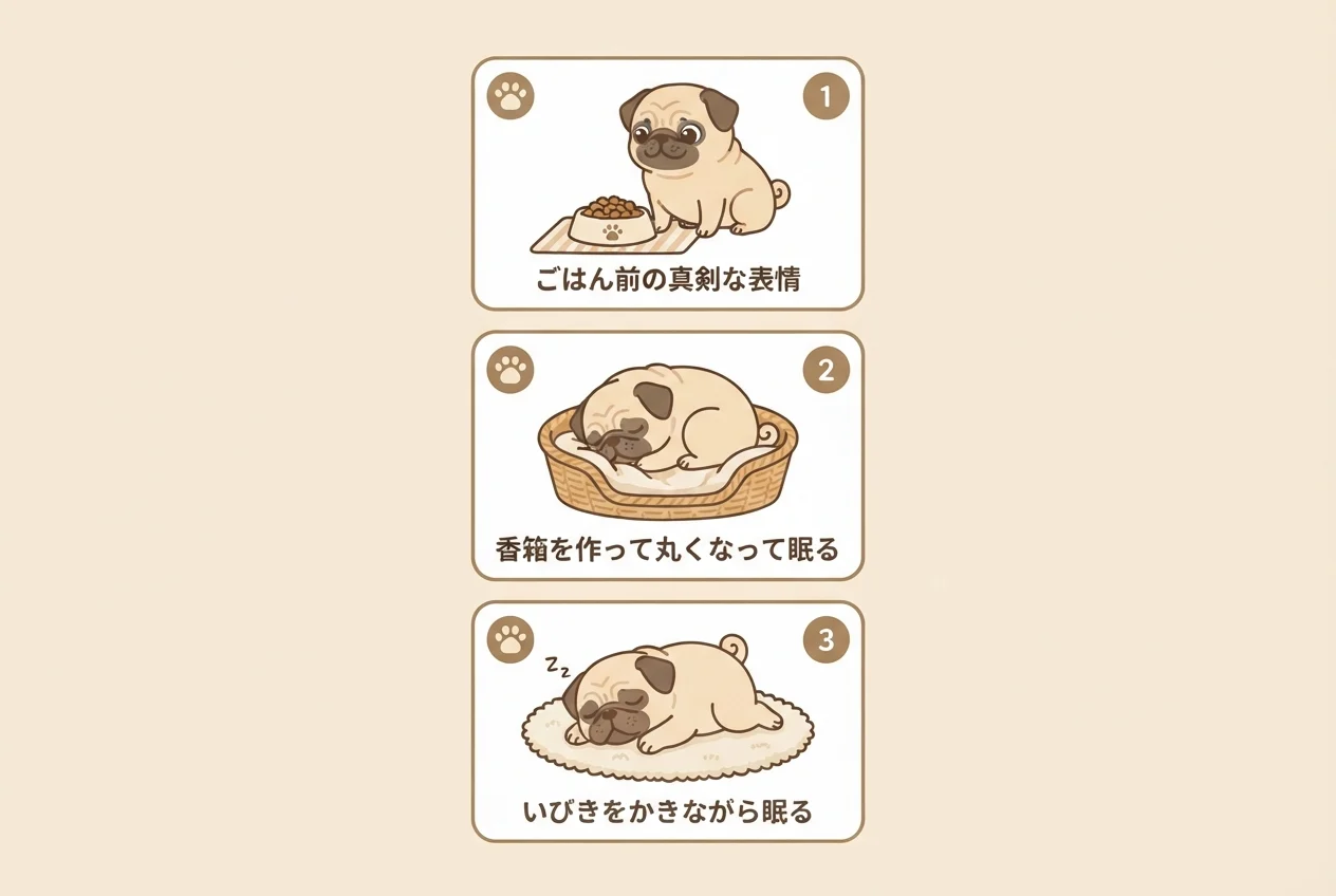 パグの愛おしい仕草の一例(真剣な表情・香箱座り・いびき)を示した図解