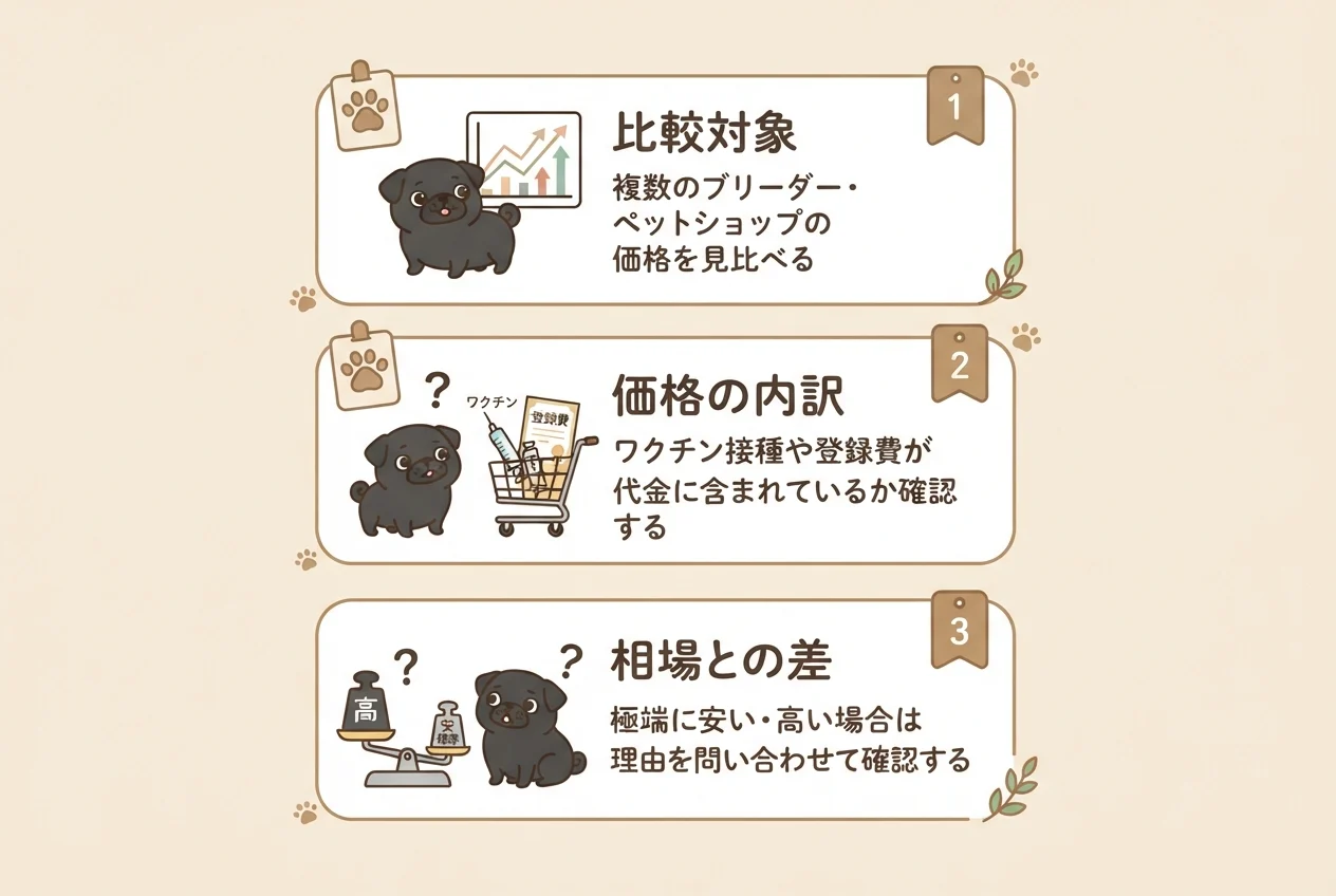 パグの値段相場を比較するときに確認したい3つのポイント(比較対象・価格の内訳・相場との差)を示した図解