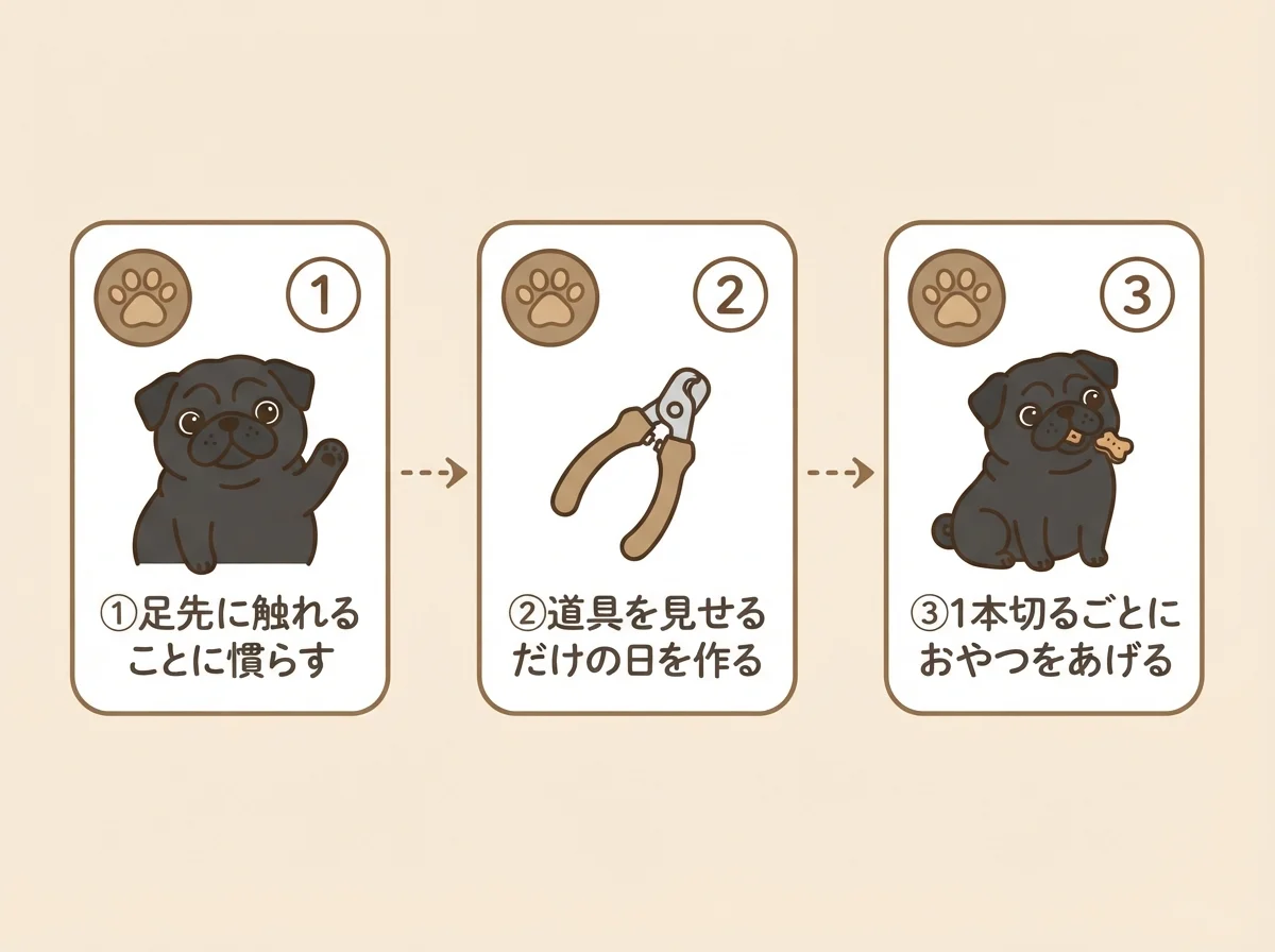 爪切りを嫌がるパグを段階的に慣らす3ステップ図解
