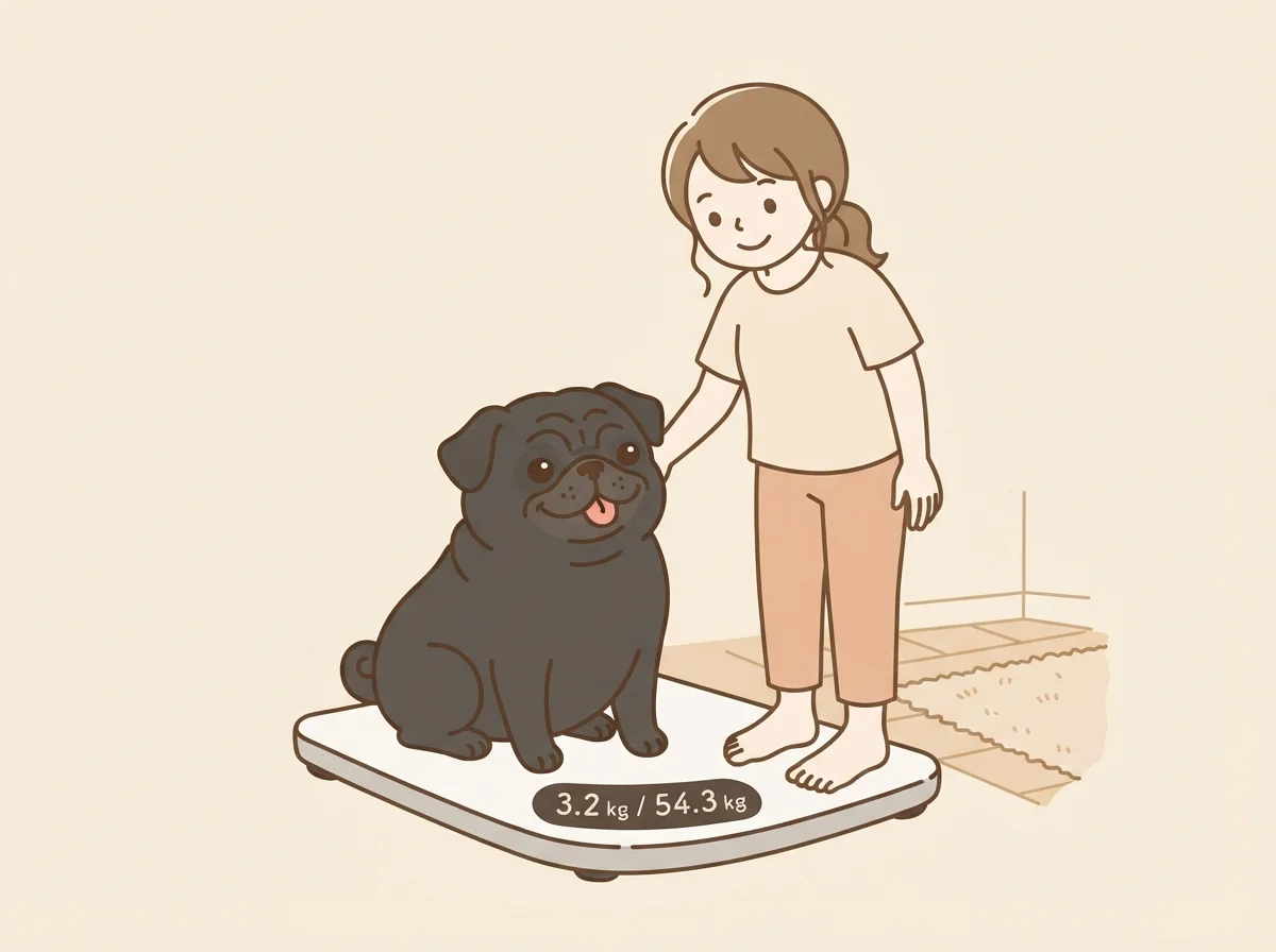 飼い主と一緒に食事管理に取り組む、嬉しそうなパグのイラスト