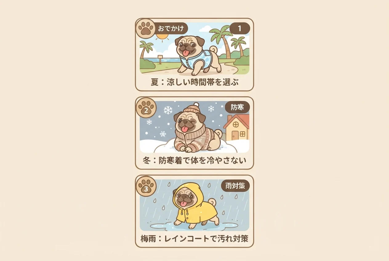 季節ごとの散歩の工夫（夏・冬・梅雨それぞれの対策）を示した図解
