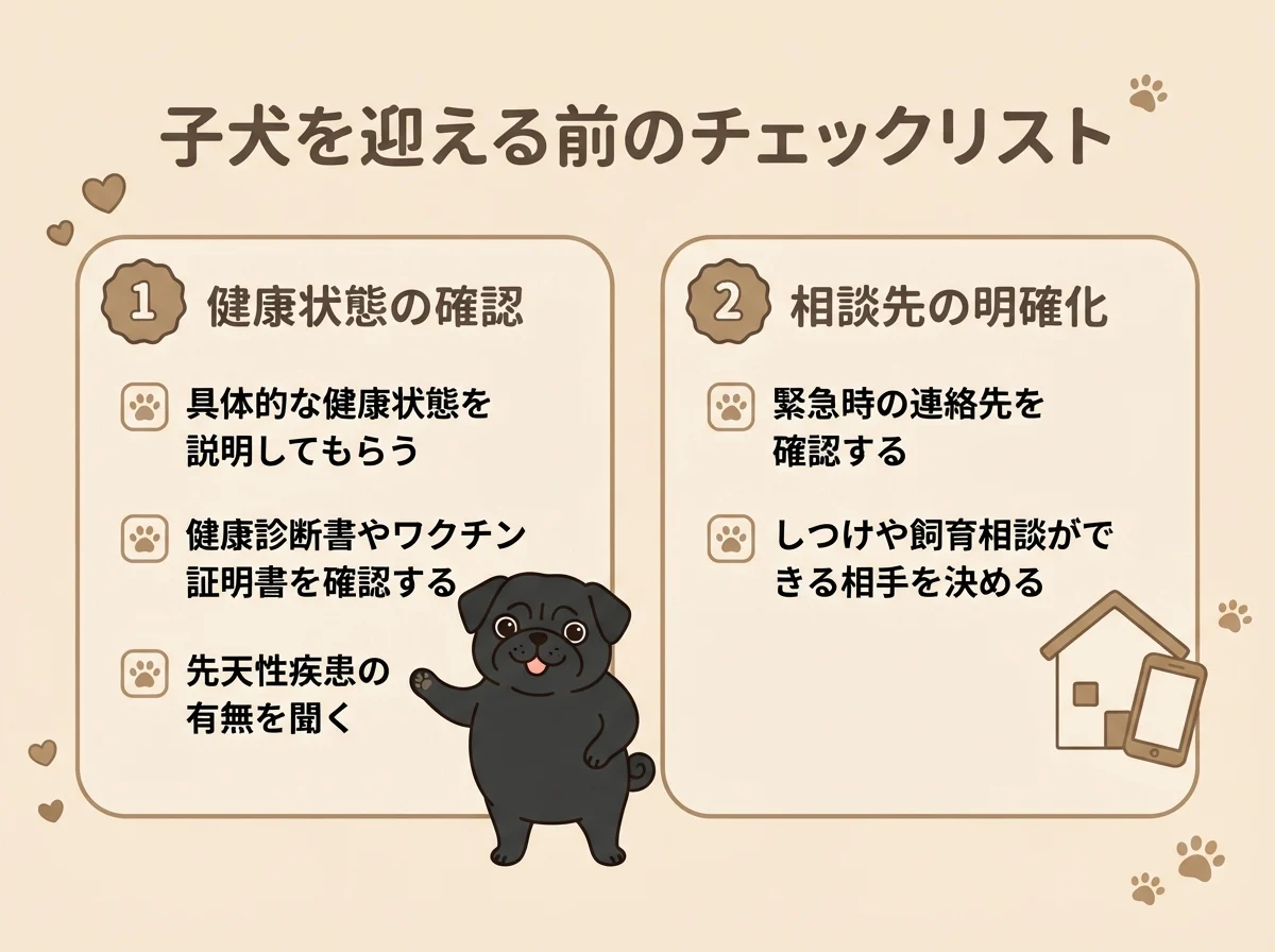 迎え方にかかわらず共通して確認しておきたい2つのポイント(健康状態の説明・相談先の明確化)を示す図解
