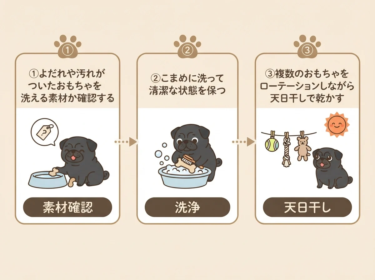 おもちゃのお手入れ手順3ステップ（確認→洗う→乾かす）を示した図解