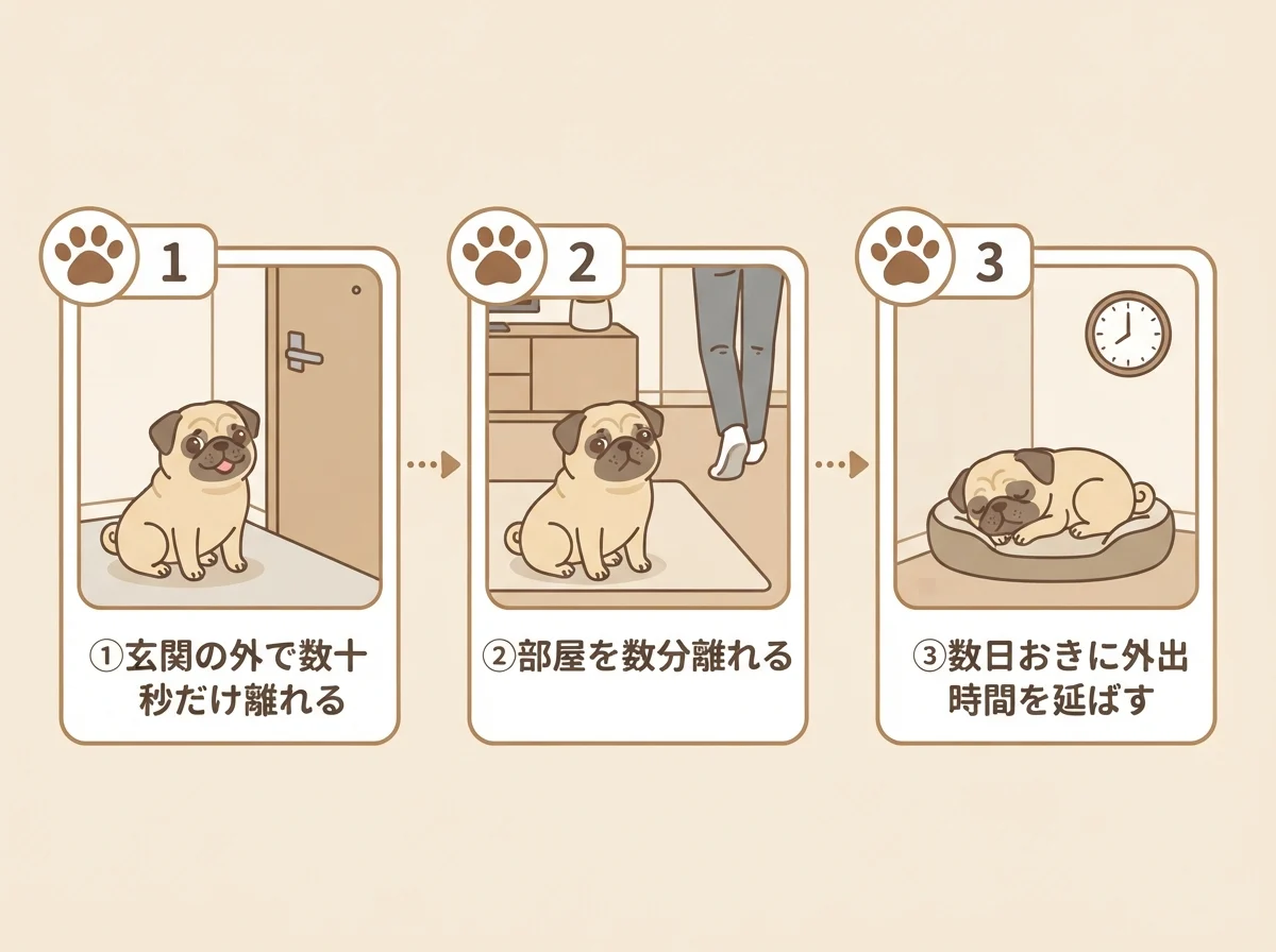 留守番に慣らすための3ステップ(数十秒→数分→時間を延ばす)を示した図解