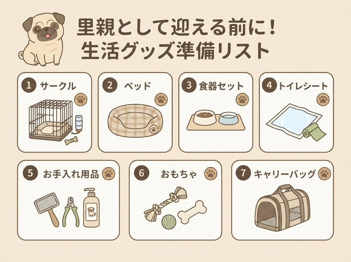 里親として迎える前に用意しておきたい生活グッズ(サークル・食器・トイレシートなど)をまとめた図解