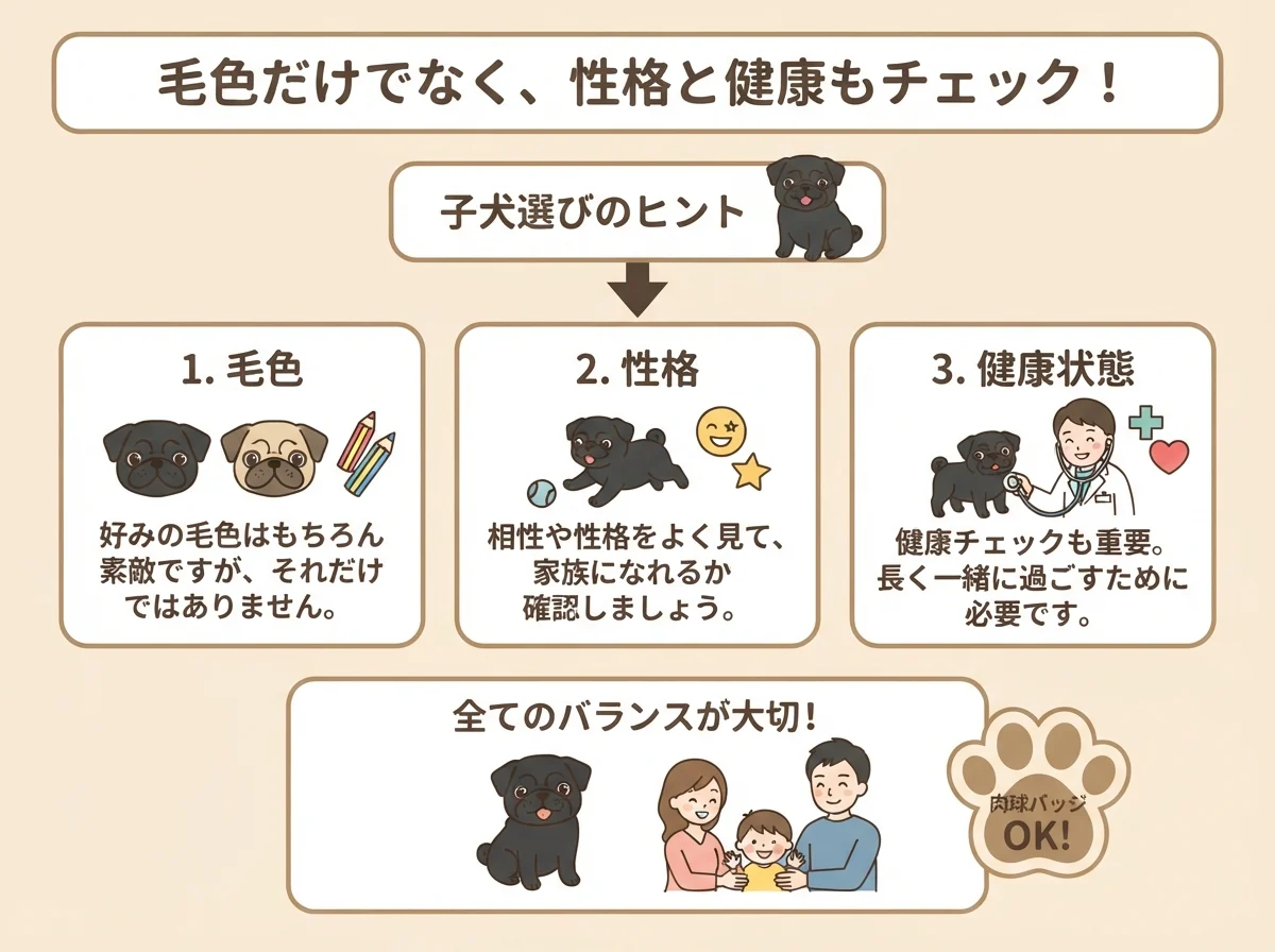 毛色だけでなく性格や健康状態もあわせて確認する大切さを示した図解