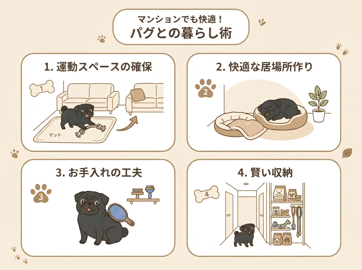 日本の住環境にもなじみやすいパグの体格・暮らしぶりを示す図解