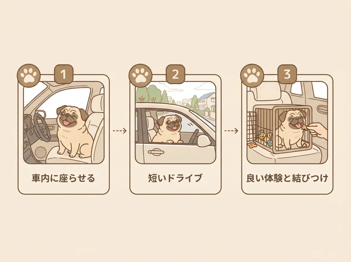 車移動に少しずつ慣らしていく3つのステップを示したフロー図