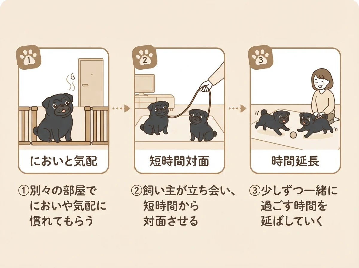 新しい仔を迎えるときに少しずつ慣らしていく3つのステップを示したフロー図