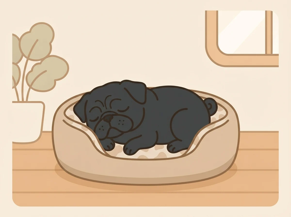静かで落ち着ける場所に置かれたベッドで気持ちよく眠るパグのイラスト