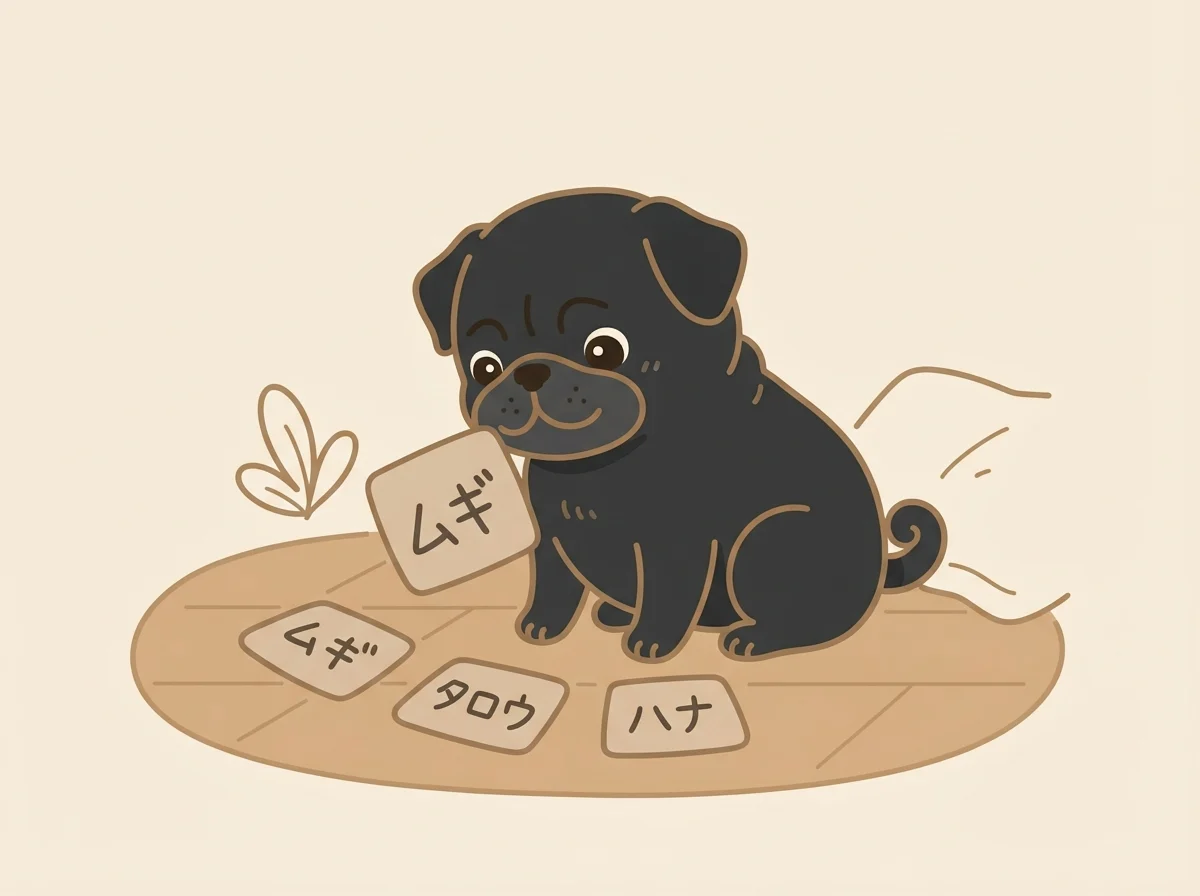 家族と対面しながら、名前の候補を確かめている慣らし期のパグのイラスト