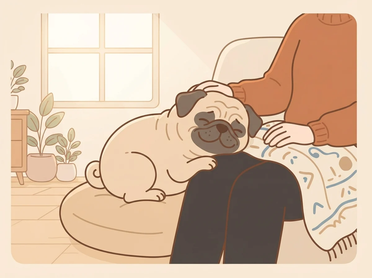 家族との穏やかな時間をゆったりくつろぎながら過ごしているシニア期のパグのイラスト