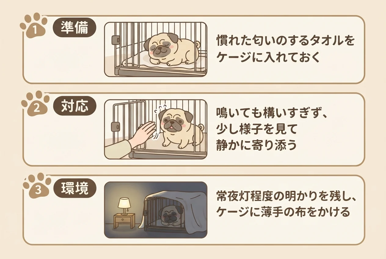 初日の夜、安心して眠れる環境を整える3つの工夫を示した図解