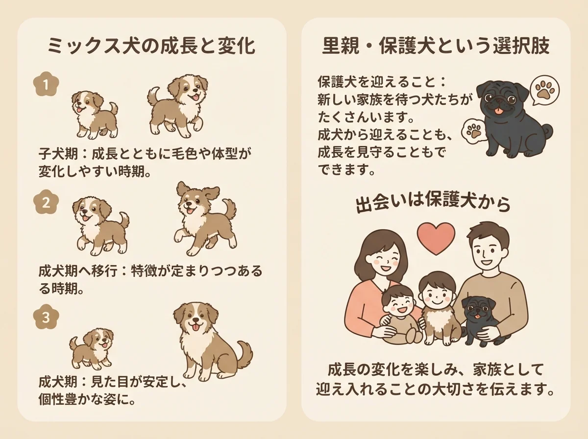 ミックス犬は成長で見た目が変わりやすいことと、保護犬という選択肢があることを示す図解