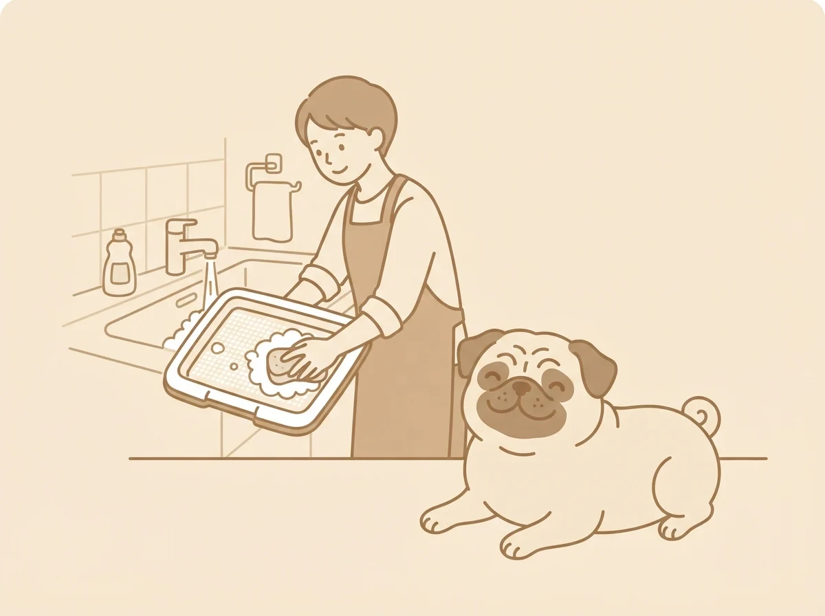 清潔なトイレ環境を保つため、トレーをお手入れする飼い主とパグの様子を示すイラスト