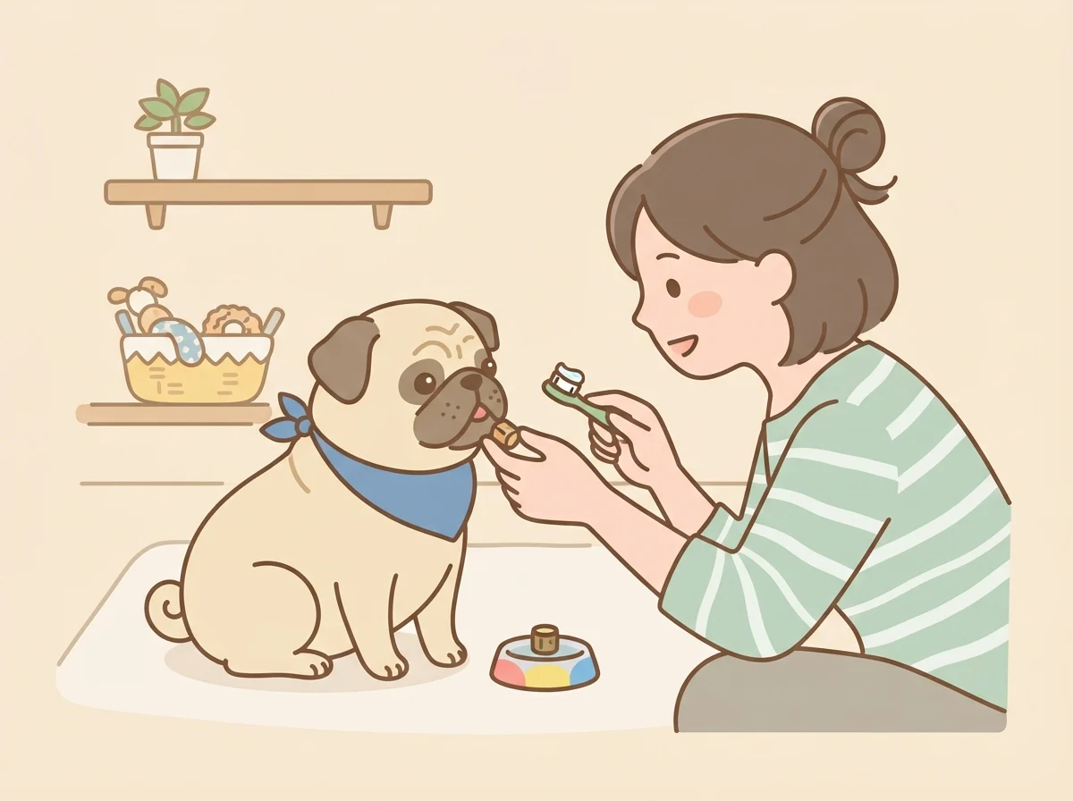 歯磨きを嫌がるパグを飼い主がやさしく慣らしている様子を描いたイラスト