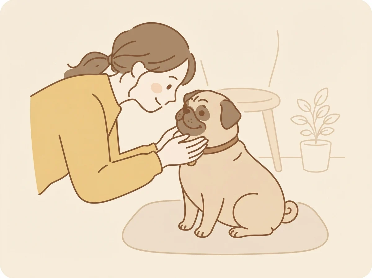 日々のお手入れの中で、パグの様子をやさしく確認している飼い主とパグのイラスト