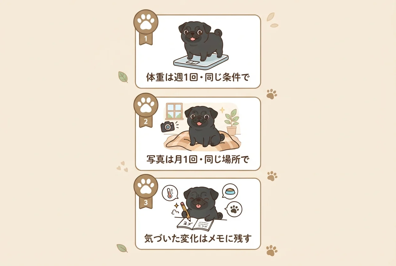 パグの子犬の成長を記録する体重・写真・メモの3つのコツをまとめた図解です。