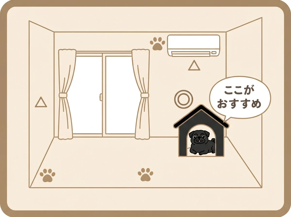 パグのハウスを置くのに向いている場所と避けたい場所を示した部屋の見取り図です。