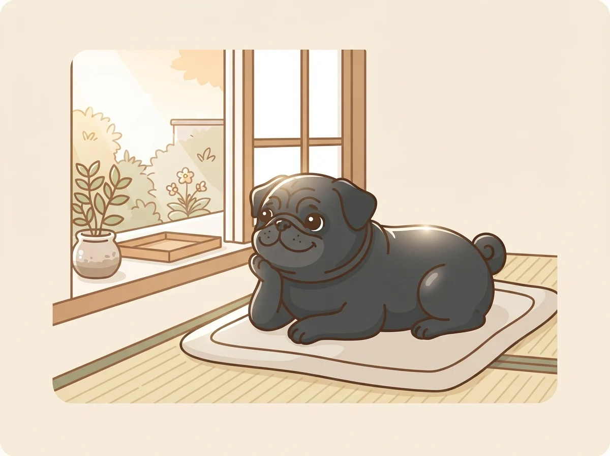 明るい窓辺でくつろぐ黒パグの毛艶が光に照らされている様子です。