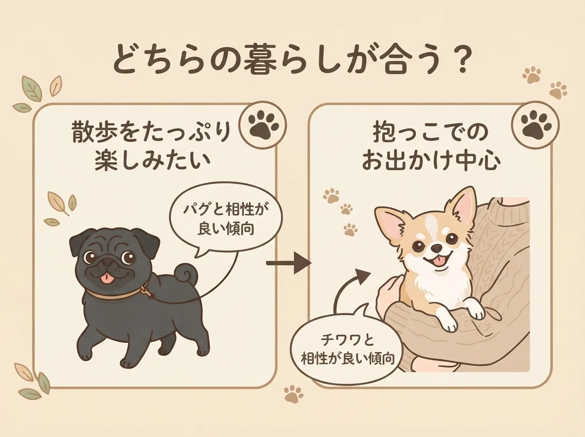 散歩や暮らし方の好みからパグとチワワのどちらの暮らしが合いやすいかを考える図解です。