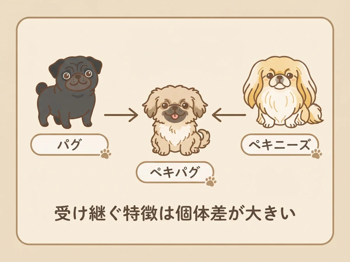 パグとペキニーズのミックスであるペキパグが受け継ぐ特徴のパターンを示した図です。