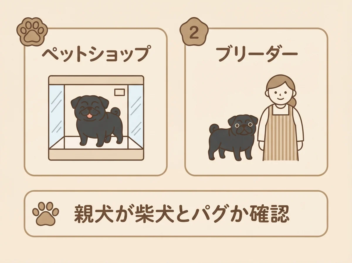 柴パグを迎える方法としてペットショップとブリーダーの2つの選択肢と確認ポイントを示した図解です。
