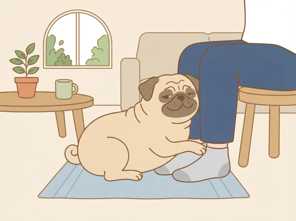 リビングで飼い主のそばに寄り添い、リラックスして過ごすパグの様子です。