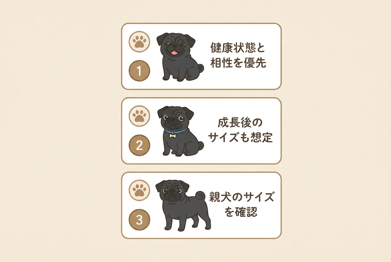 小さめのパグを検討するときに確認したい3つのポイントをまとめたチェックリストです。