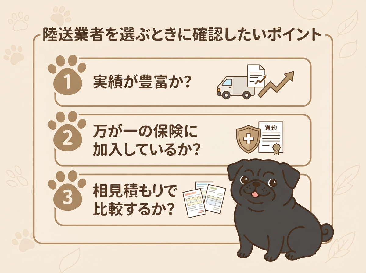 陸送業者を選ぶときに確認したいチェックポイントを示した図