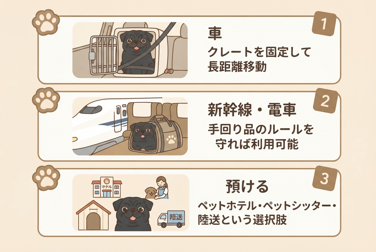 飛行機が使えない場合の3つの代替手段を示した図解
