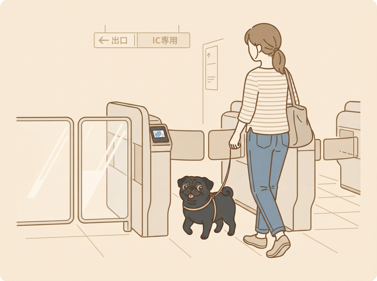 駅の改札をキャリーバッグごと通り抜ける練習をしている様子