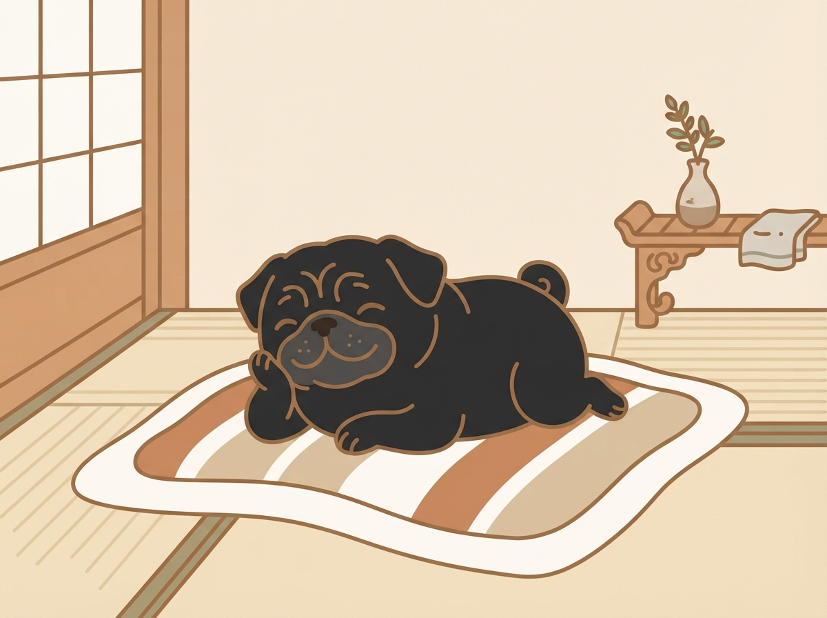 実家の静かな部屋でブランケットの上にくつろいでいるパグの様子