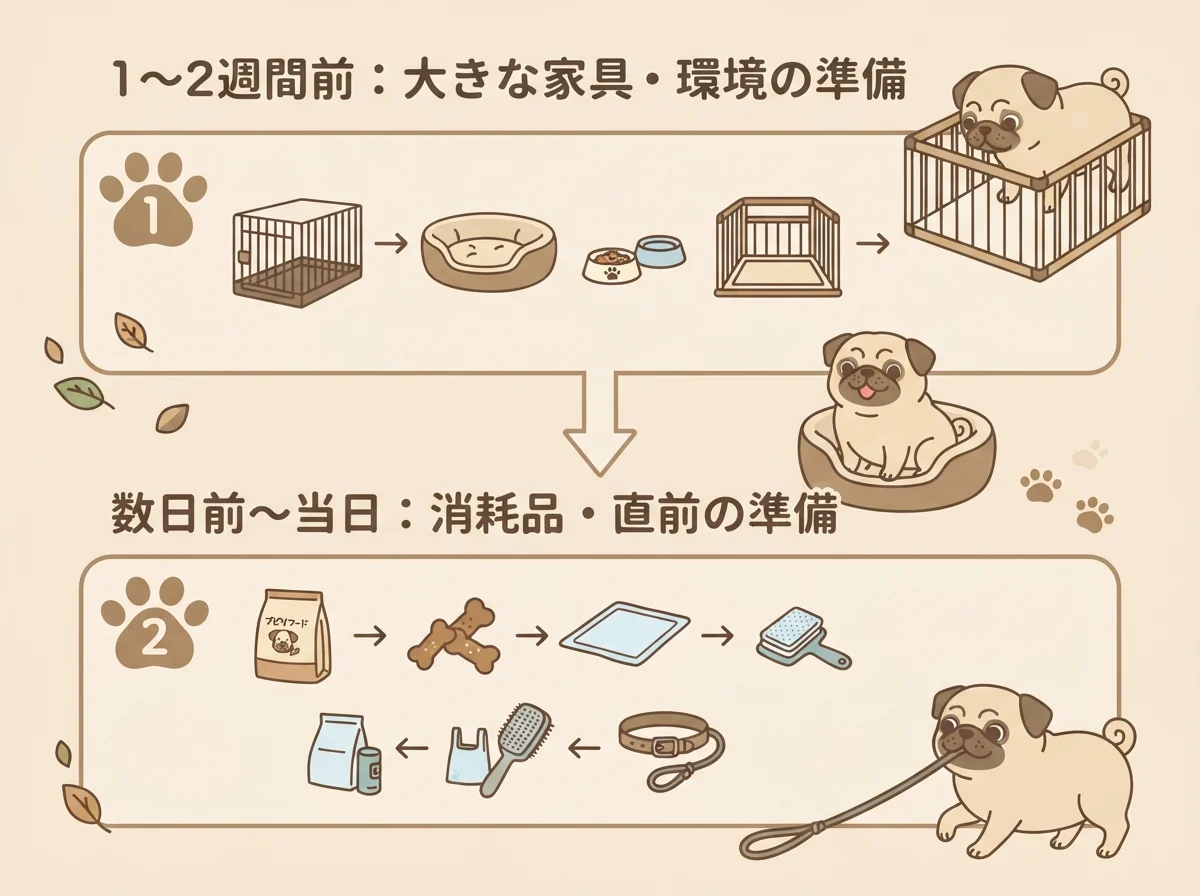 お迎え予定日の1〜2週間前から準備を始めるタイミングの目安を示す図解