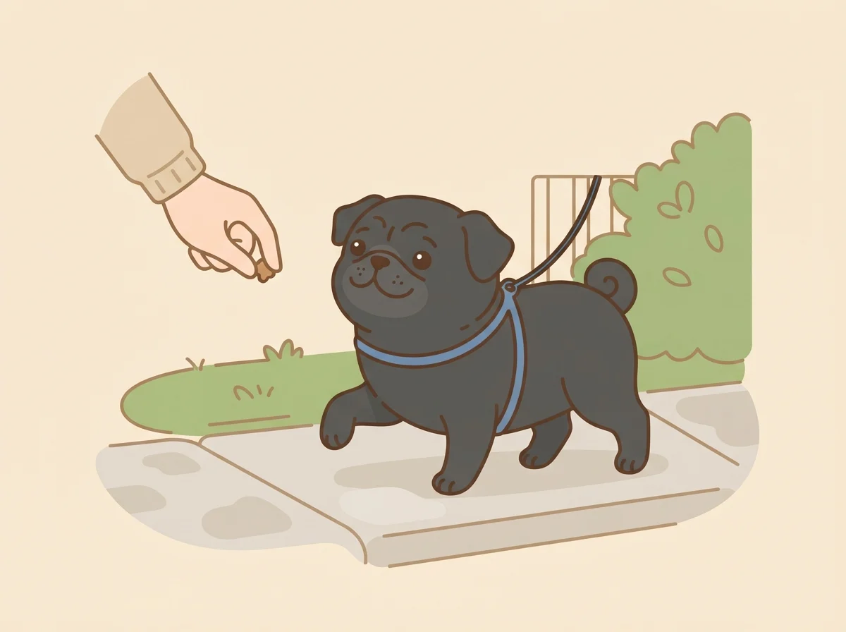飼い主に励まされながら少しずつ散歩に慣れていくパグのイラスト