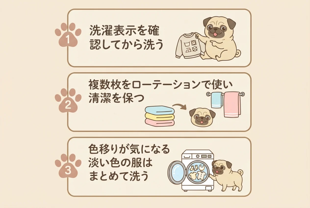 パグの服のお手入れで気をつけたい3つのポイント(洗濯表示・ローテーション・色移り対策)を示した図解