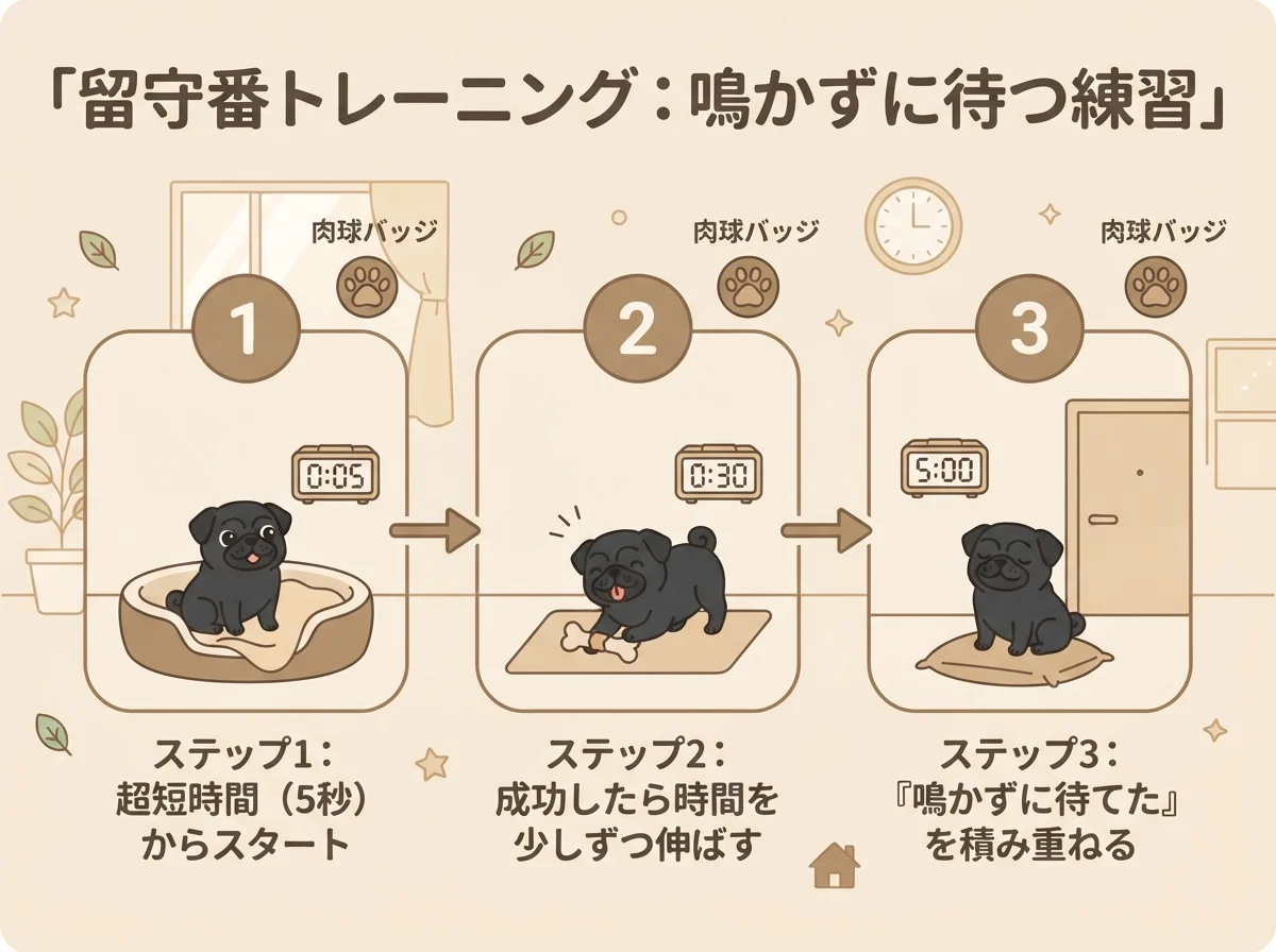鳴き続ける場合に時間を短く区切って成功体験を積み重ねる考え方を示した図解