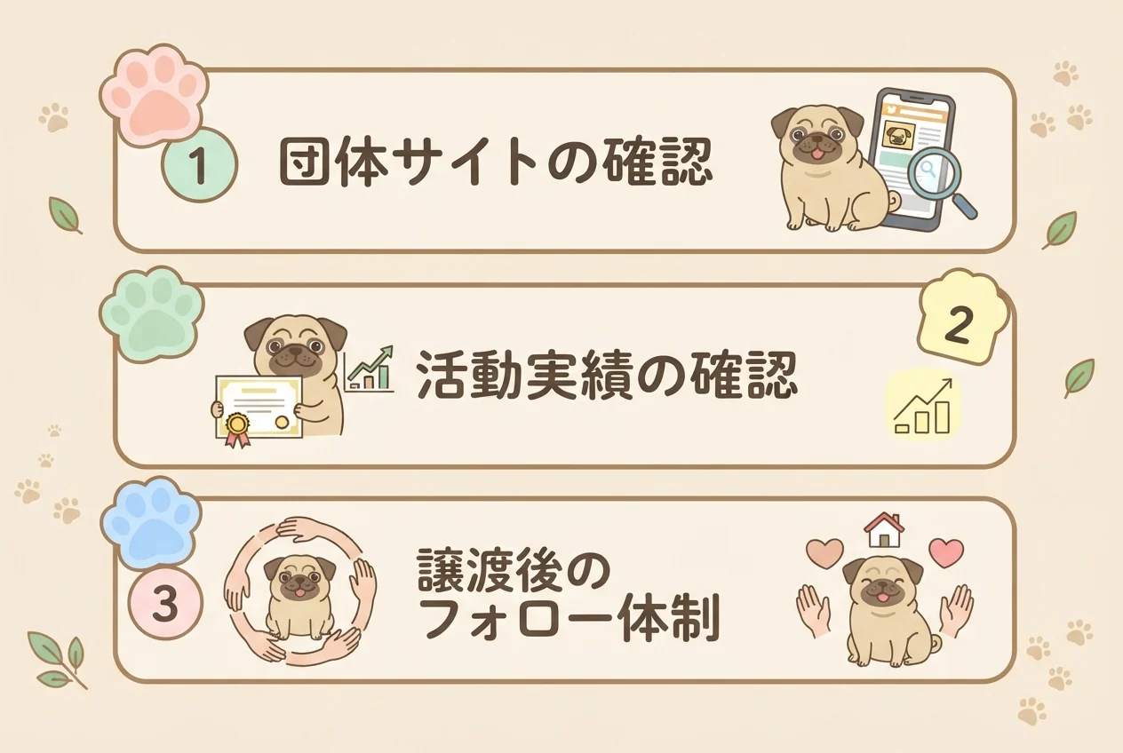 里親募集の情報を探すときに確認したい3つのポイント(団体サイト・活動実績・譲渡後のフォロー体制)を示す図解